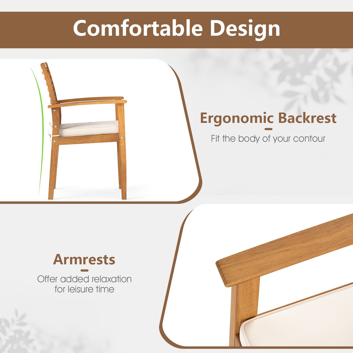 Outdoor acacia wood dining chair with ergonomic backrest and armrests on Tampa Home & Garden Store
