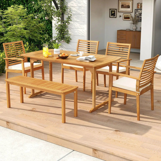 6-piece outdoor acacia wood dining set with umbrella hole, slatted-back chairs and cushioned seating on Tampa Home & Garden Store