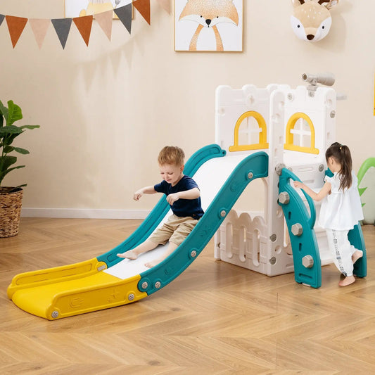 6-in-1 Toddler Playset L-shaped with teal slides and yellow arches DirectDeals on Tampa Home & Garden Store