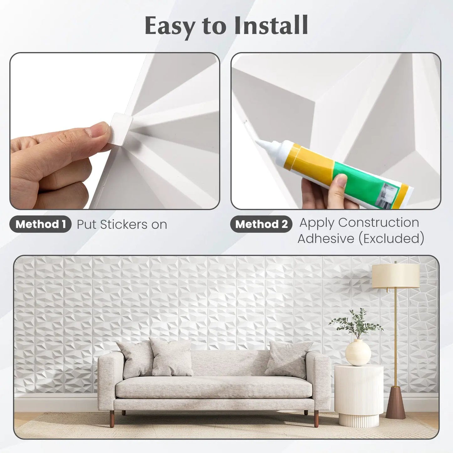 50-pack 3D PVC wall panels with diamond accent for interior walls in white on Tampa Home & Garden Store