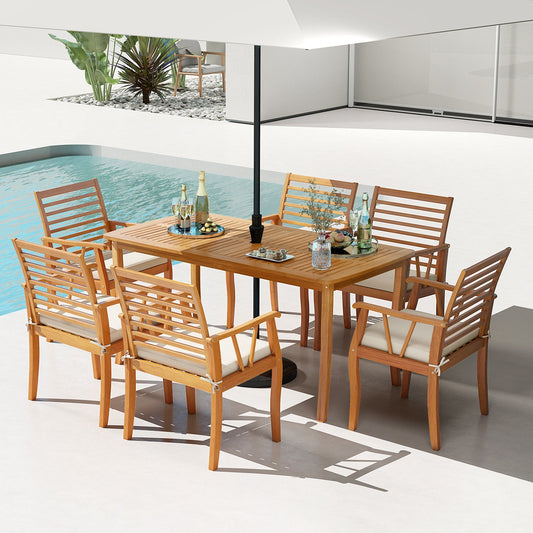 7 Pieces Acacia Wood Patio Dining Set with 1.97 Inch Umbrella Hole and Padded Cushions - Tampa Home & Garden Store