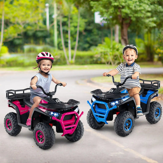 Two 24V DirectDeals kids ride electric ATVs with lights in pink and blue on Tampa Home & Garden Store