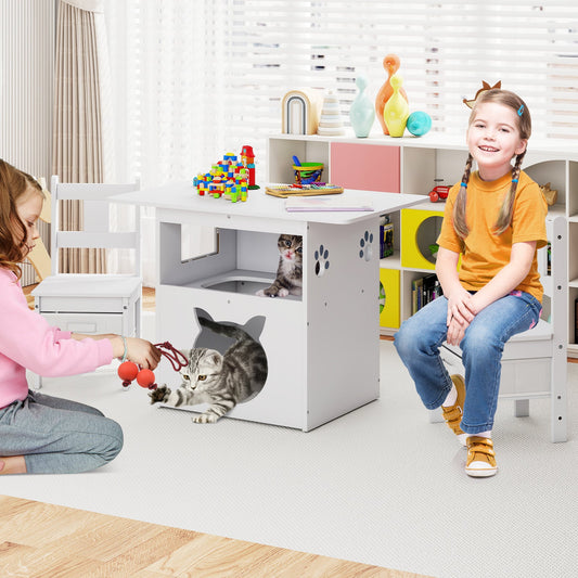 Kids Table and Chairs Set 3 Pieces Wooden Children Furniture with Cat House-White - Tampa Home & Garden Store