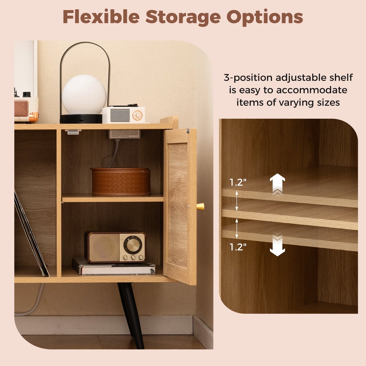 Record Player Stand with Charging Station in natural wood finish, 3-position adjustable shelf on Tampa Home & Garden Store