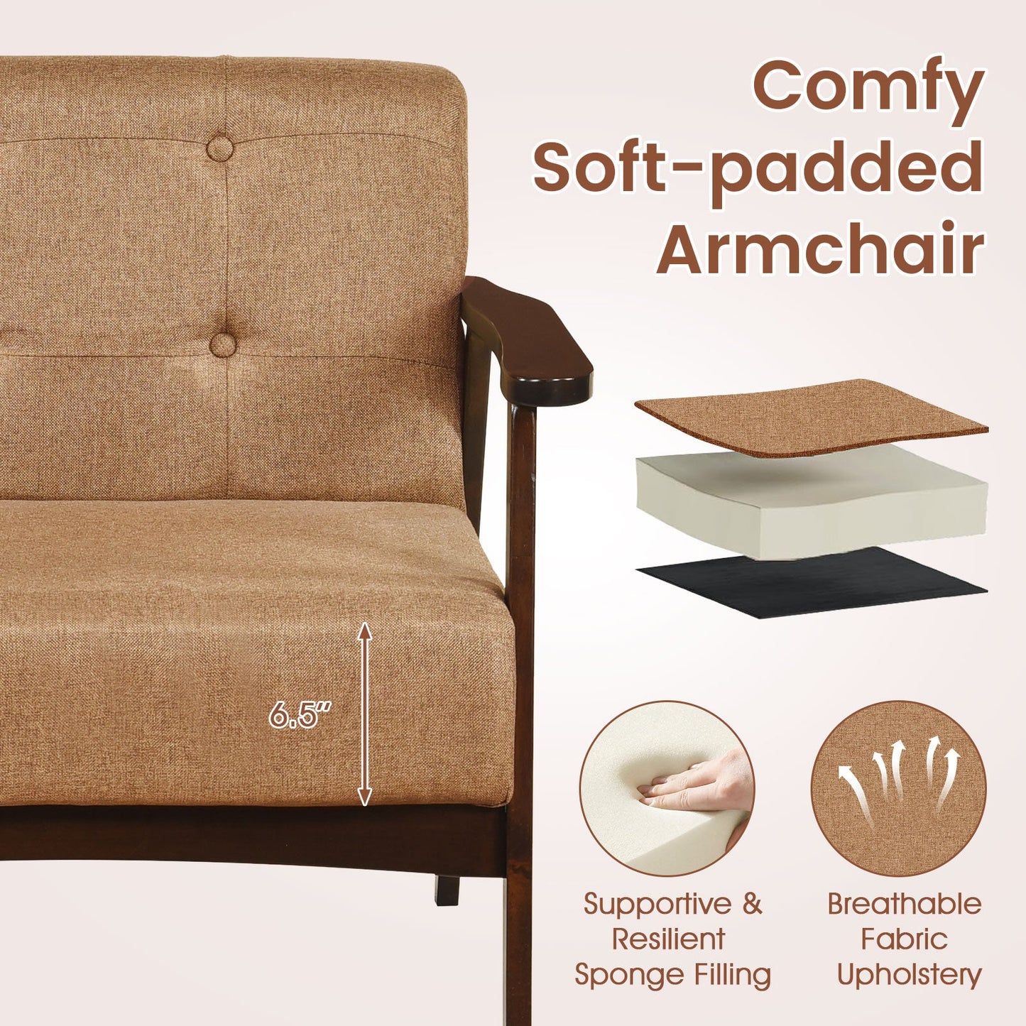 Rubber wood frame accent chair with armrest in brown upholstery DirectDeals armchair on Tampa Home & Garden Store