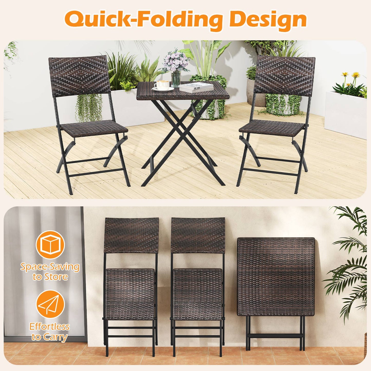 3 Piece Rattan Bistro Set With Folding Table two chairs in dark brown wicker DirectDeals on Tampa Home & Garden Store