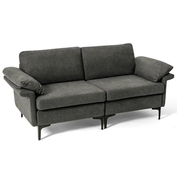 Modern dark gray fabric sofa with slim metal legs on Tampa Home & Garden Store