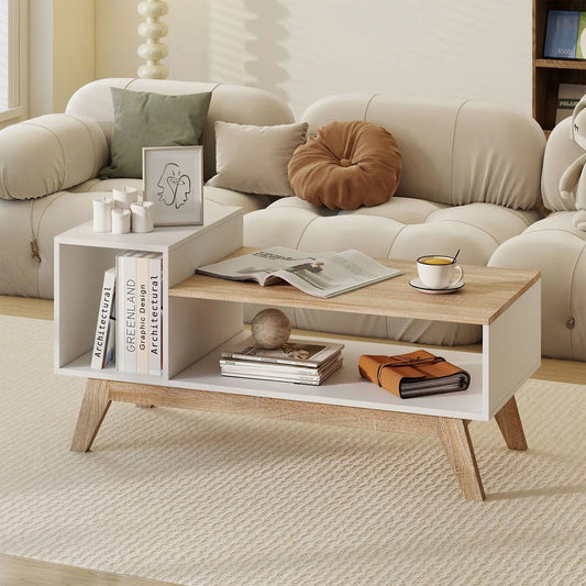 43 Inch coffee table with stepped wood top and white storage base on Tampa Home & Garden Store