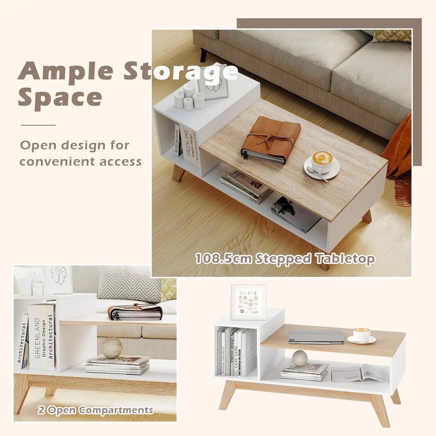 43 Inch coffee table with stepped white base and wood top, two open shelves on Tampa Home & Garden Store
