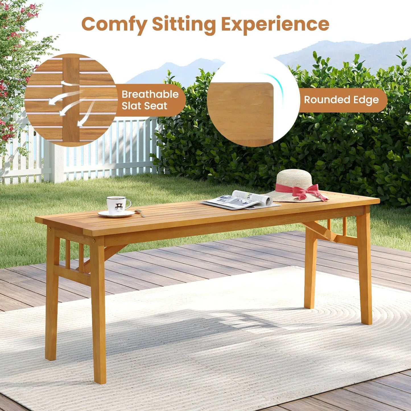 3 Piece Acacia Wood Patio Dining Set with Benches in natural finish on an outdoor deck on Tampa Home & Garden Store
