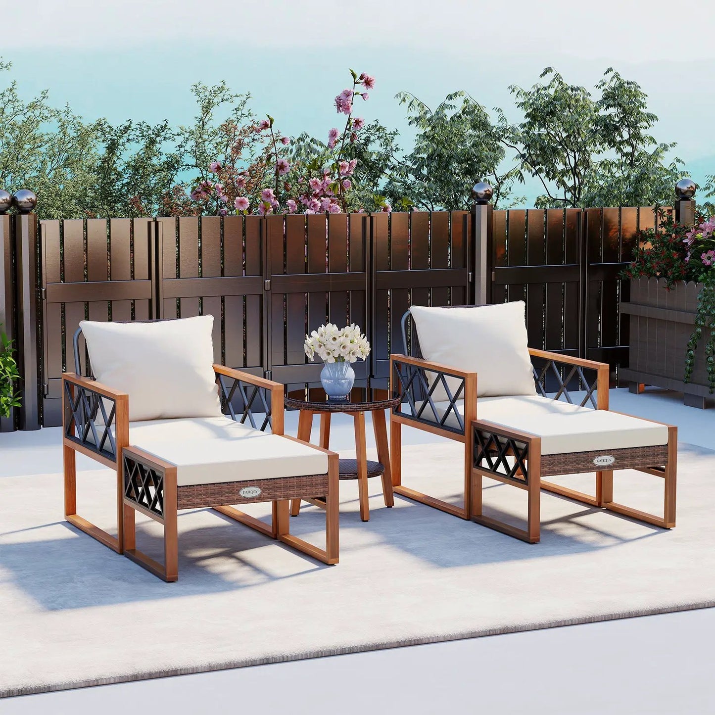 Outdoor 5-Piece Patio Set with rattan and acacia wood, white cushions and round glass-top table on Tampa Home & Garden Store