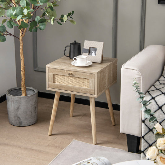 Set of 2 Modern Rattan Nightstand with Drawer and Solid Wood Legs for Bedroom and Living Room-Oak - Tampa Home & Garden Store