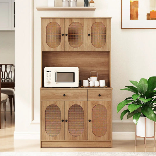 Pantry cabinet with hutch and charging station in natural wood finish, DirectDeals cane doors on Tampa Home & Garden Store