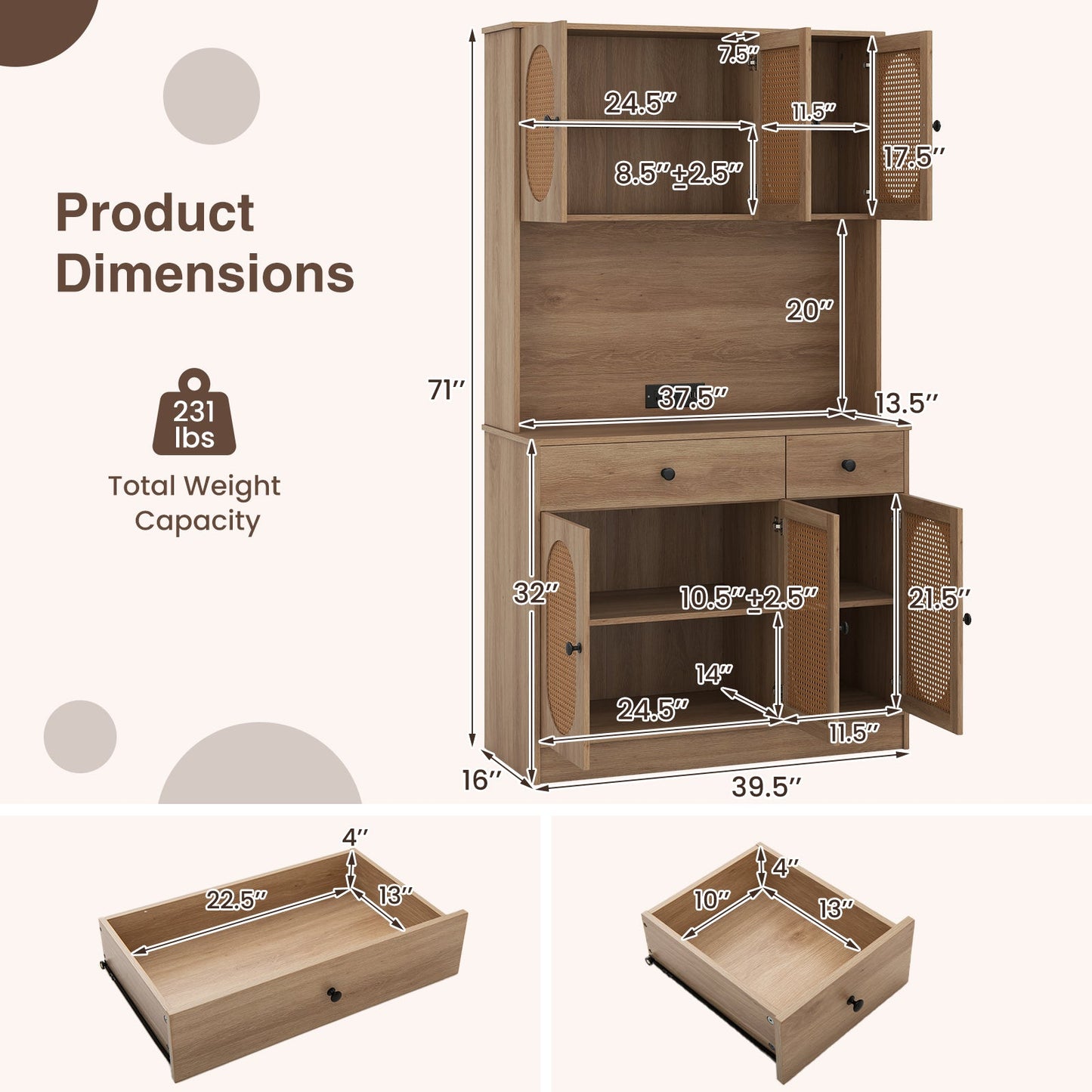 Pantry Cabinet Hutch and Charging Station Natural wood finish DirectDeals on Tampa Home & Garden Store