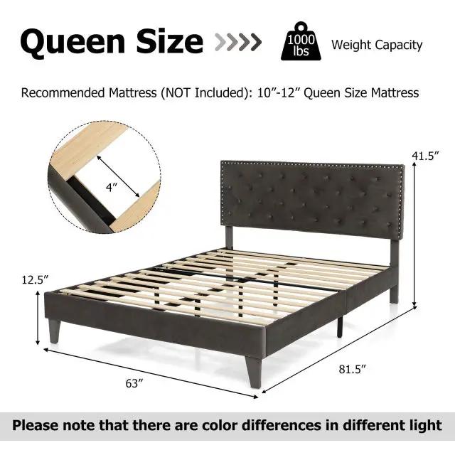 Queen size upholstered bed with tufted dark gray headboard and slat foundation 63x81.5 in on Tampa Home & Garden Store