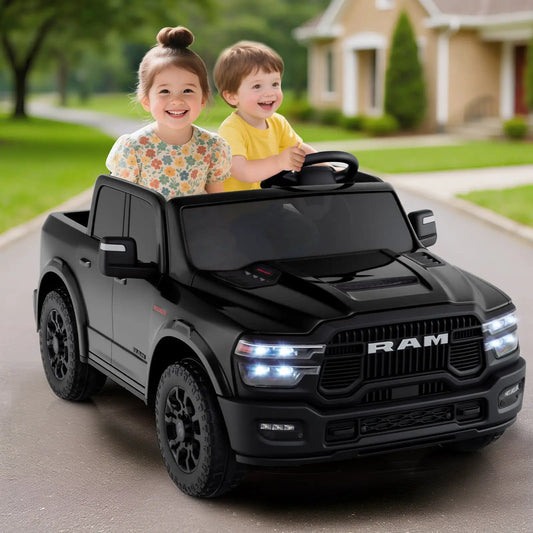 2 Seater 24V Ram Truck ride-on in black with RAM branding, two kids driving, remote and music on Tampa Home & Garden Store