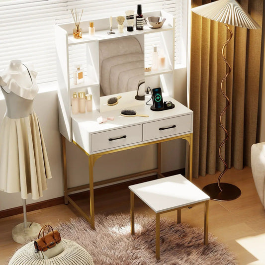 Vanity desk with storage drawers & charging station, white finish, gold legs, DirectDeals on Tampa Home & Garden Store