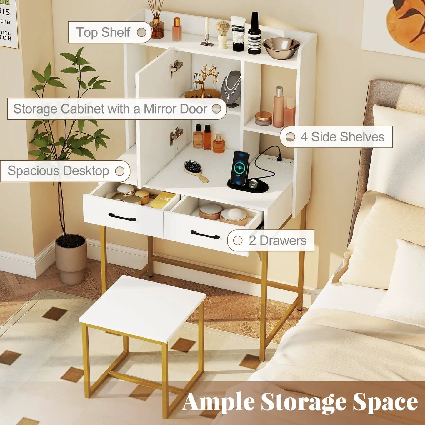 Vanity Desk with Storage Drawers and Charging, white & gold on Tampa Home & Garden Store