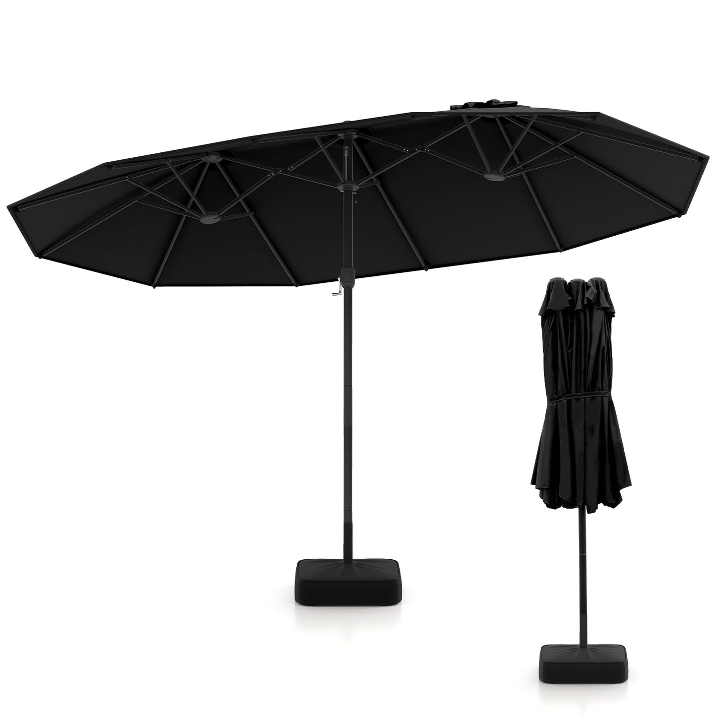 15 Feet Double-Sided Twin Patio Umbrella with Crank and Base-Brown