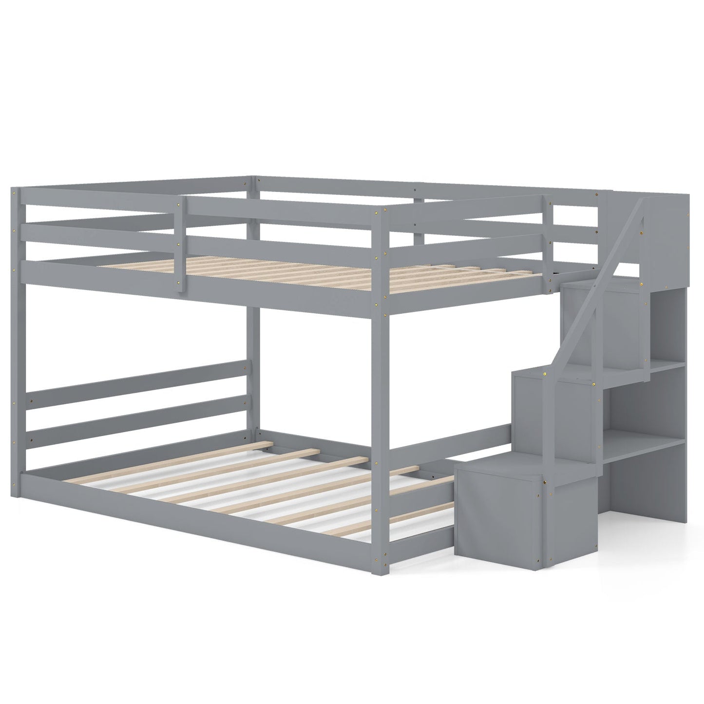 Litera doble de madera maciza, baja, con escaleras de almacenamiento - Blanco