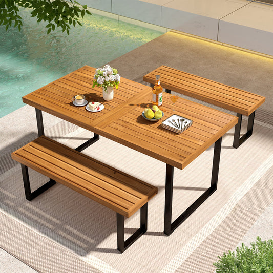 3 Pieces Patio Dining Table Set 63” Rectangle Table and 2 Backless Bench - Tampa Home & Garden Store