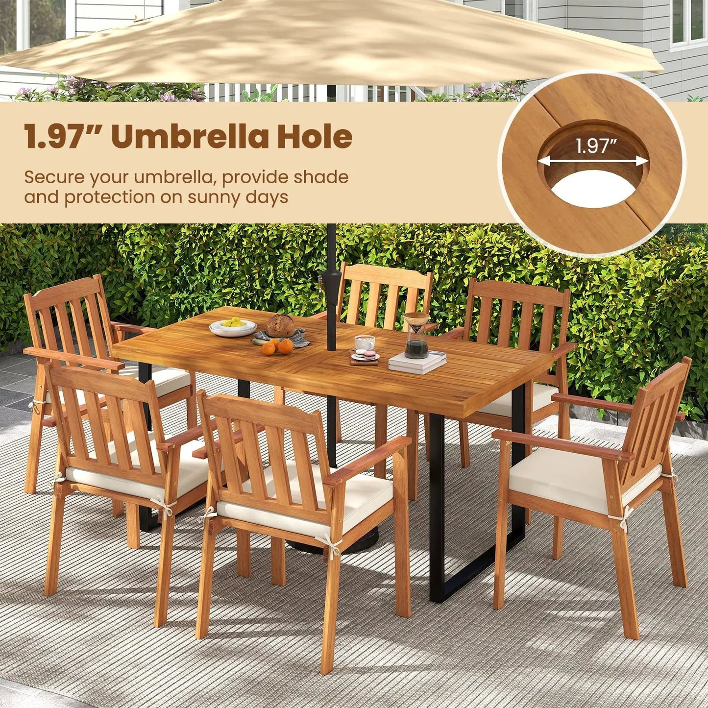 Six Piece Outdoor Patio Dining Set with Acacia Armchairs and White Cushions on Tampa Home & Garden Store