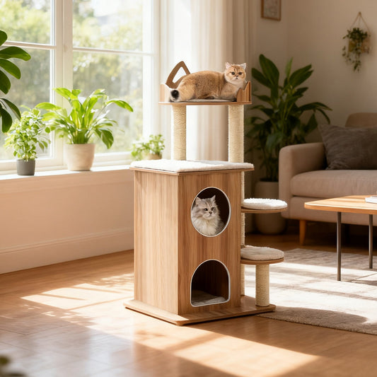 48 Inch Wooden Cat Tree with 2-Floor Condo and Washable Cushions-Natural - Tampa Home & Garden Store