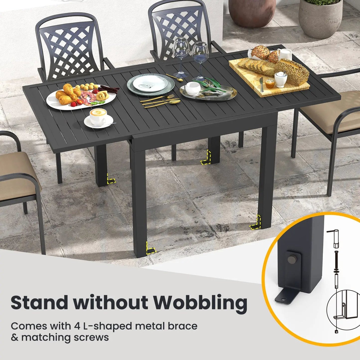 DirectDeals patio aluminum table with 4 stackable chairs in dark gray, slatted outdoor dining set on Tampa Home & Garden Store