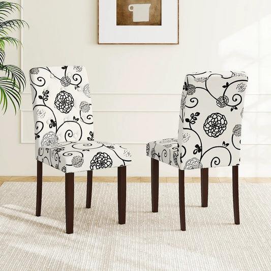 Button Tufted Upholstered Wooden Chairs set of 2 with black floral pattern and dark legs on Tampa Home & Garden Store