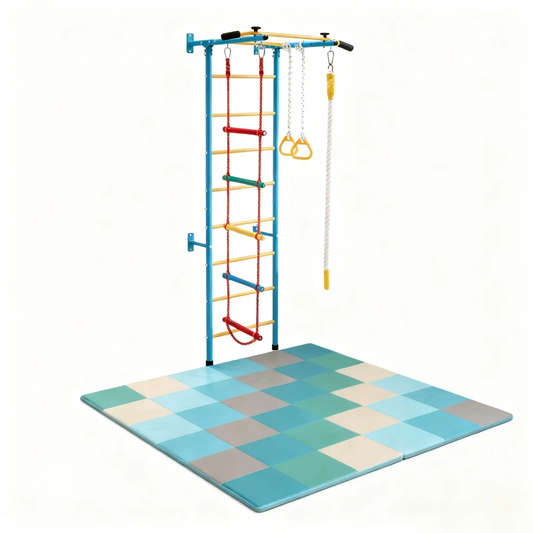 5-in-1 Swedish ladder DirectDeals blue frame with yellow rungs, red rope ladder, gym rings, blue mat on Tampa Home & Garden Store