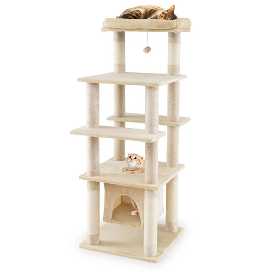 58-inch beige cat tree with multiple levels, swaying aerial condo and hanging toy on Tampa Home & Garden Store