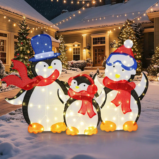 3-Piece 2D Lighted Penguin Family LED Decoration DirectDeals with blue hat and red scarves on Tampa Home & Garden Store