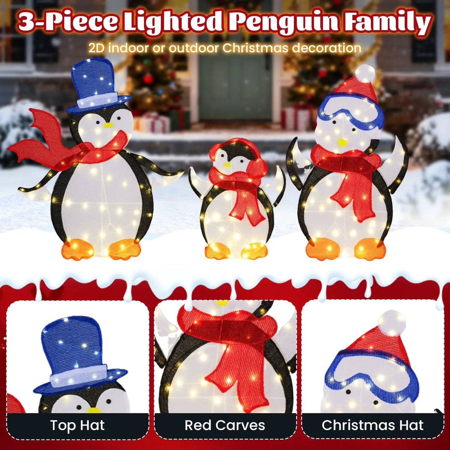 3-Piece 2D LED Penguin Family with blue hat and red scarf, lights DirectDeals on Tampa Home & Garden Store