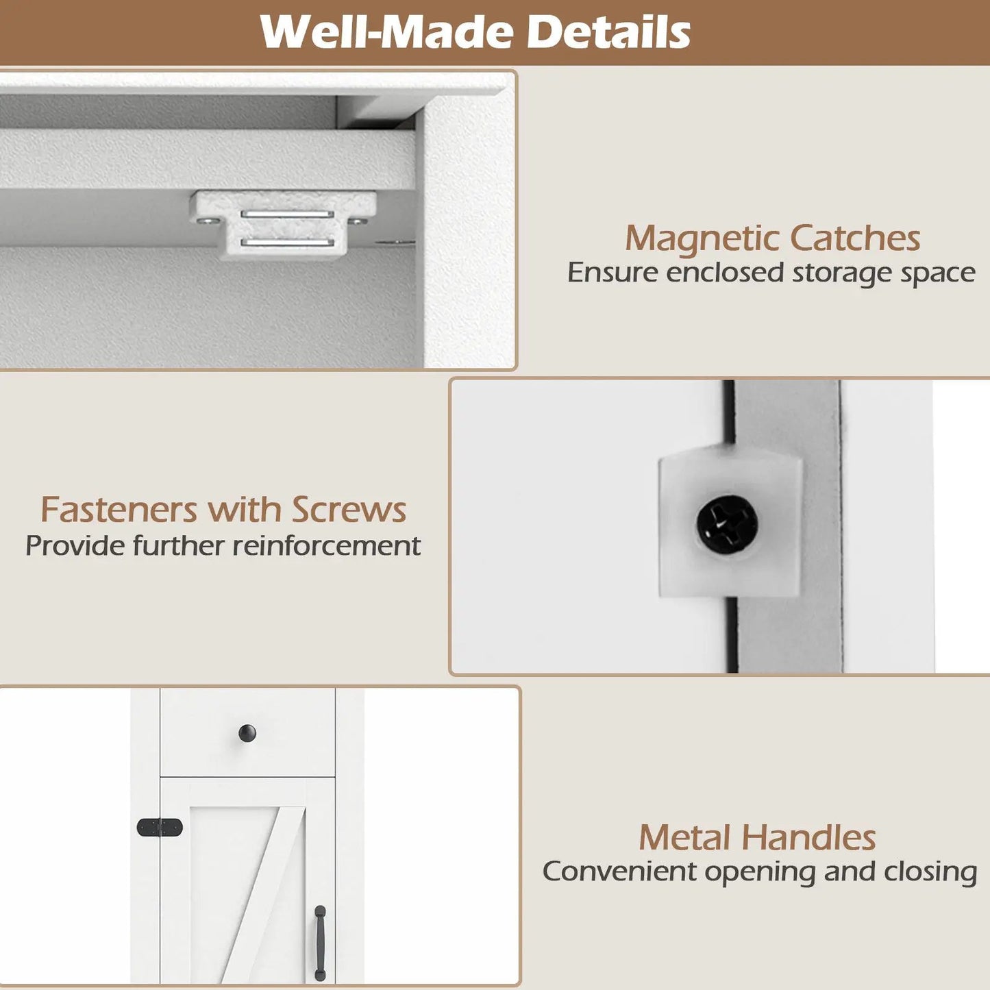 Tall 68 inch slim white bathroom cabinet with barn door and metal handles on Tampa Home & Garden Store