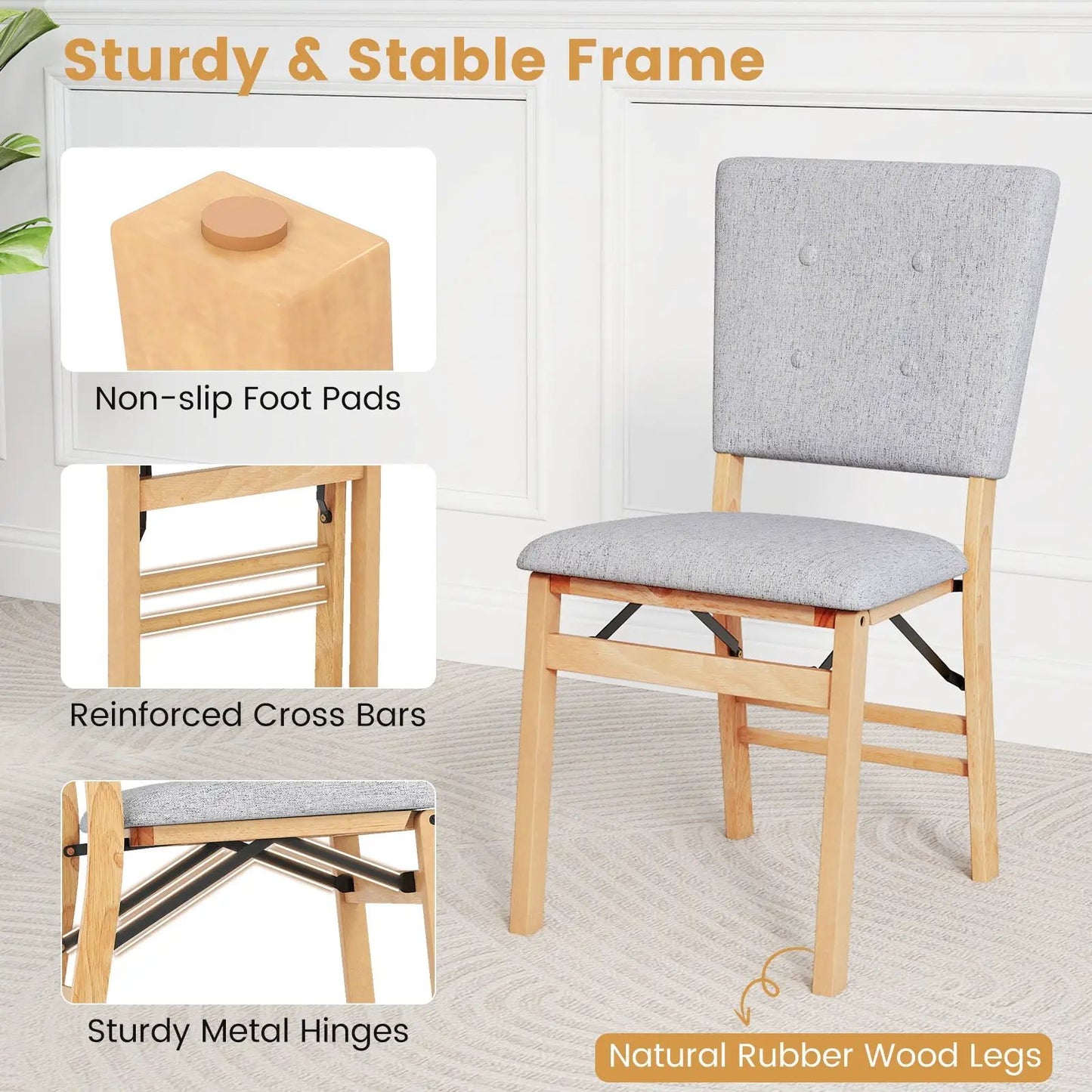 Foldable Armless Dining Chair set of 4, grey fabric seat, natural rubber wood legs, DirectDeals on Tampa Home & Garden Store