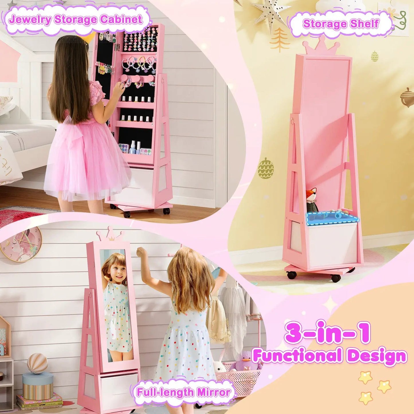 Pink kids vanity set with jewelry armoire, full-length mirror, on wheels on Tampa Home & Garden Store