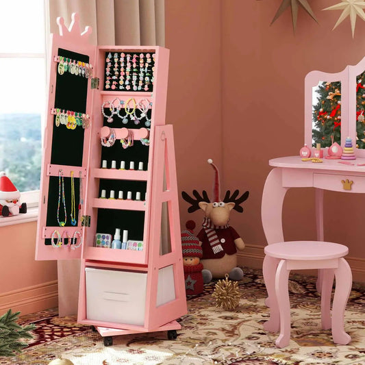 DirectDeals pink two-piece vanity set and jewelry armoire with full-length mirror on wheels on Tampa Home & Garden Store