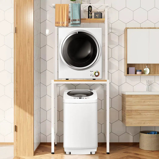 Laundry dryer and automatic washing machine combo in white, stacked on a stand on Tampa Home & Garden Store