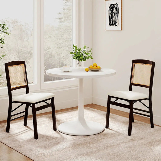 Folding Dining Chairs Set of 2 with Linen Padded Seats, dark wood frames and caned backs on Tampa Home & Garden Store