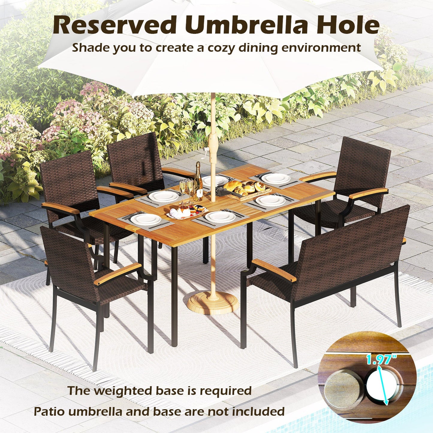 Six Piece Outdoor Dining Set with Umbrella Hole in brown wicker and table by DirectDeals on Tampa Home & Garden Store
