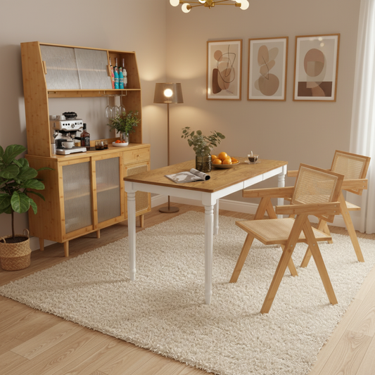 Kitchen Dining Set with Extendable Table 2 Rattan Accent Chairs and Kitchen Cabinet