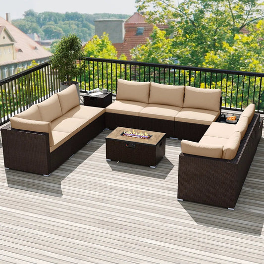 Outdoor PE rattan conversation set beige cushions with 32in fire pit table on Tampa Home & Garden Store