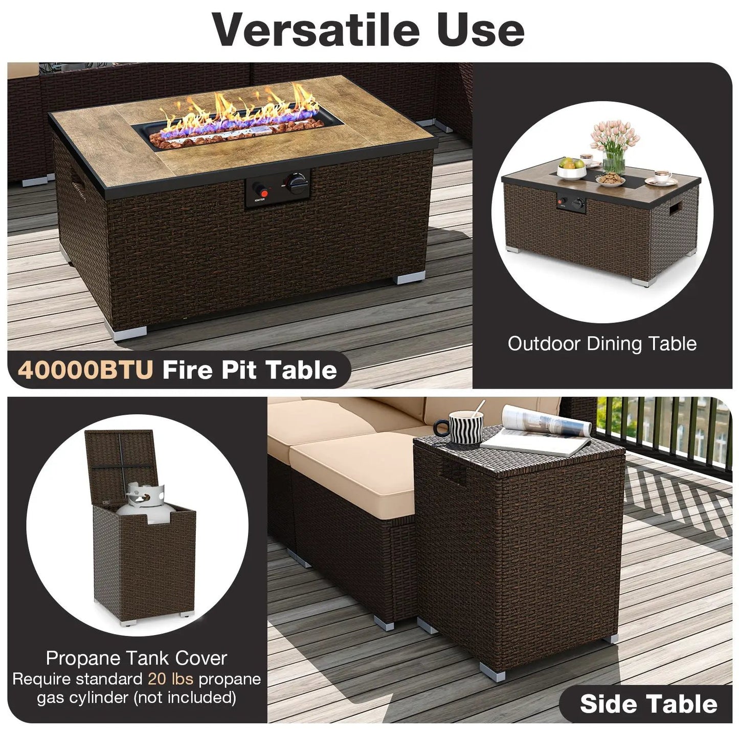 12-piece outdoor PE rattan conversation set with fire pit table and propane tank cover, tables on Tampa Home & Garden Store