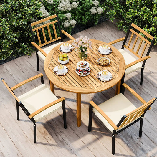 Acacia wood outdoor dining set with cream cushions, round table, 6 chairs DirectDeals on Tampa Home & Garden Store
