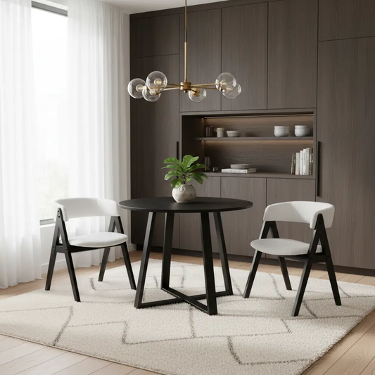 Mid Century Round Table Dining Set DirectDeals with black legs and two Sherpa chairs on Tampa Home & Garden Store