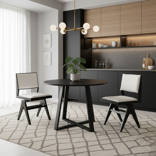 3-Piece Mid Century Dining Set with black pedestal table and two beige upholstered chairs on Tampa Home & Garden Store