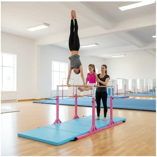 Yoga Set with 4-Panel Mat and Parallel Bars pink frame with blue mats, instructor assists student on Tampa Home & Garden Store
