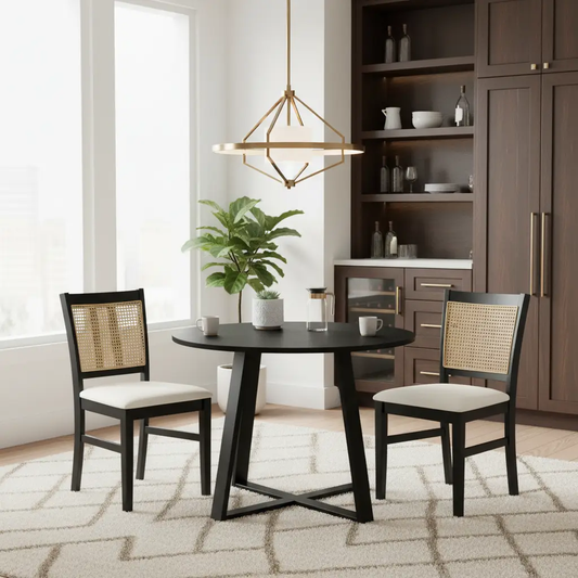 Mid-Century 3-Piece Dining Set with round black table and two caned-back chairs on Tampa Home & Garden Store
