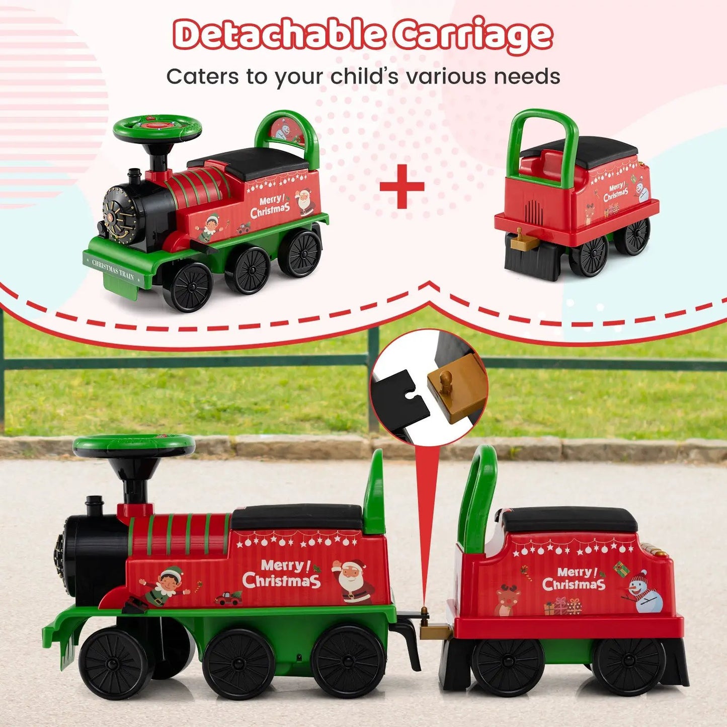 6V toddler ride-on Christmas train combo with 2-seat carriage red-green themed set on Tampa Home & Garden Store