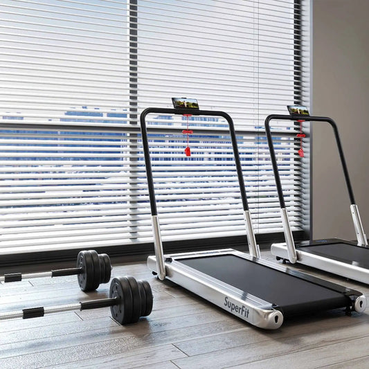 Fitness set with 2 folding treadmills (SuperFit) and dumbbells; black frames, silver bases on Tampa Home & Garden Store